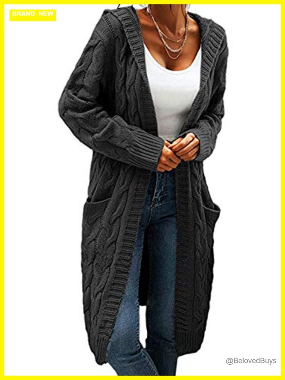 Hooded Open Front Cardigan Cable Knit Chunky Long Sweater Coat Acrylic Loose